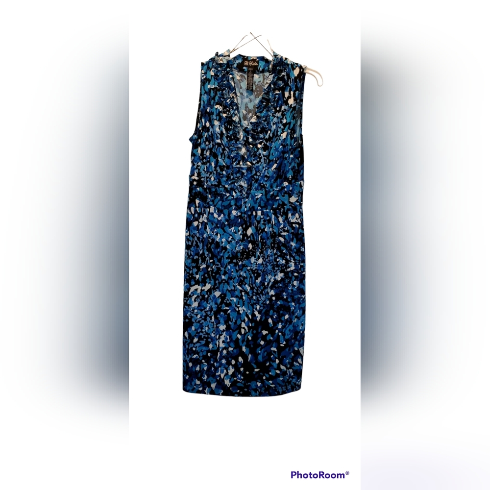 B. Calm Blue/ black/ white patterned cocktail dress, size 8